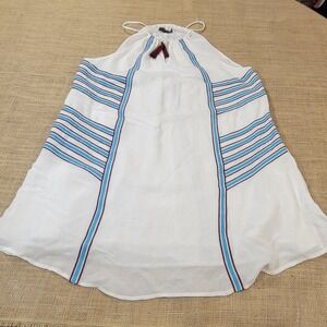 THML Anthropologie Sundress Boho Festival White Blue Striped Tassels‎ Size Large